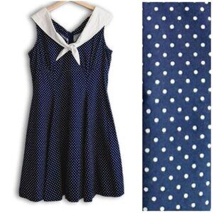 Navy Polka Dot Midi Dress with White Collar